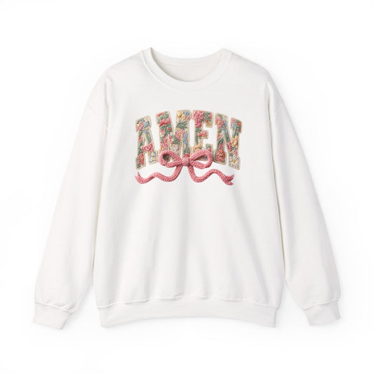 Amen Floral Crewneck Sweatshirt — Vintage Bouquet Lettering with Pink Ribbon