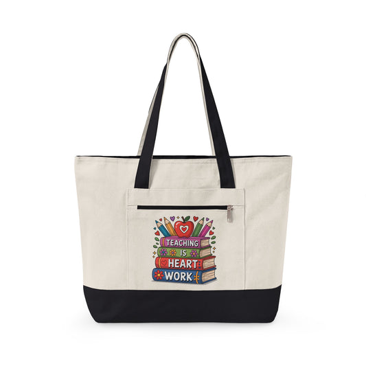 Teaching Is Heart Work tote | Canvas Zippered Tote, Teacher Book Stack Design