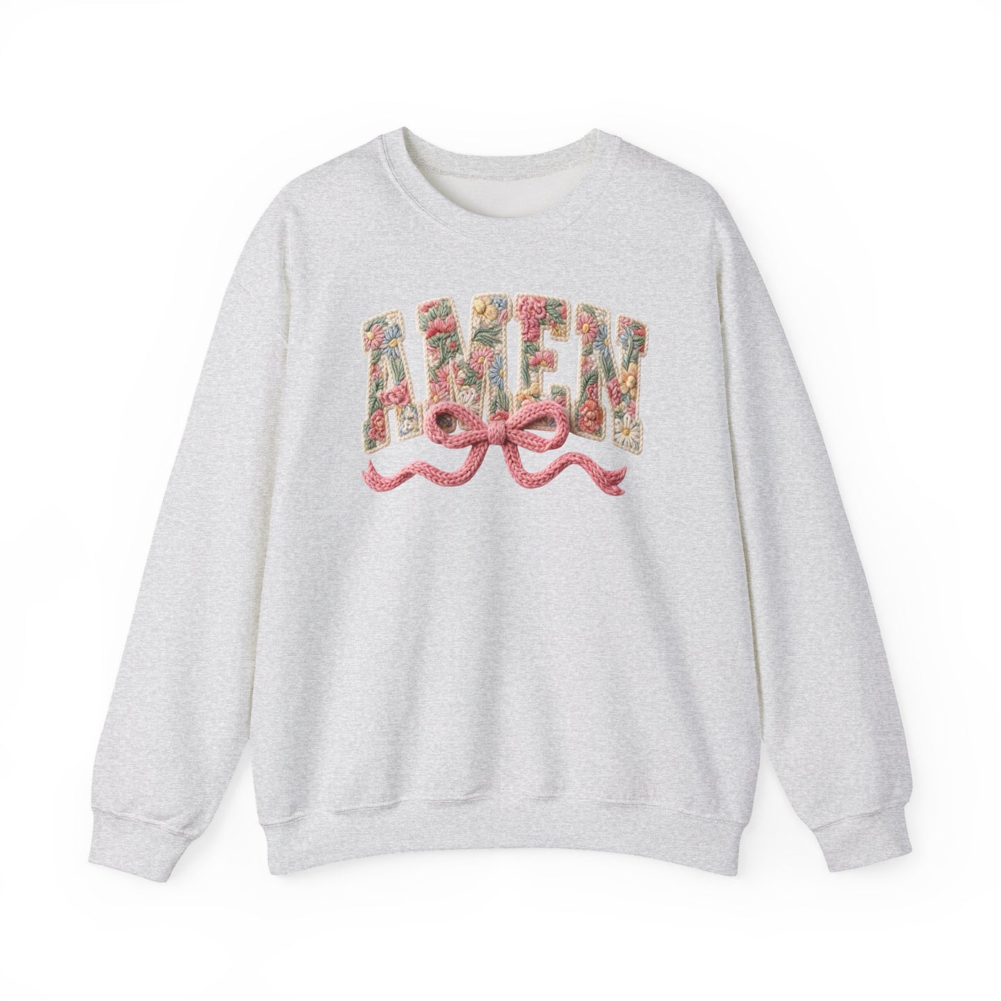 Amen Floral Crewneck Sweatshirt — Vintage Bouquet Lettering with Pink Ribbon
