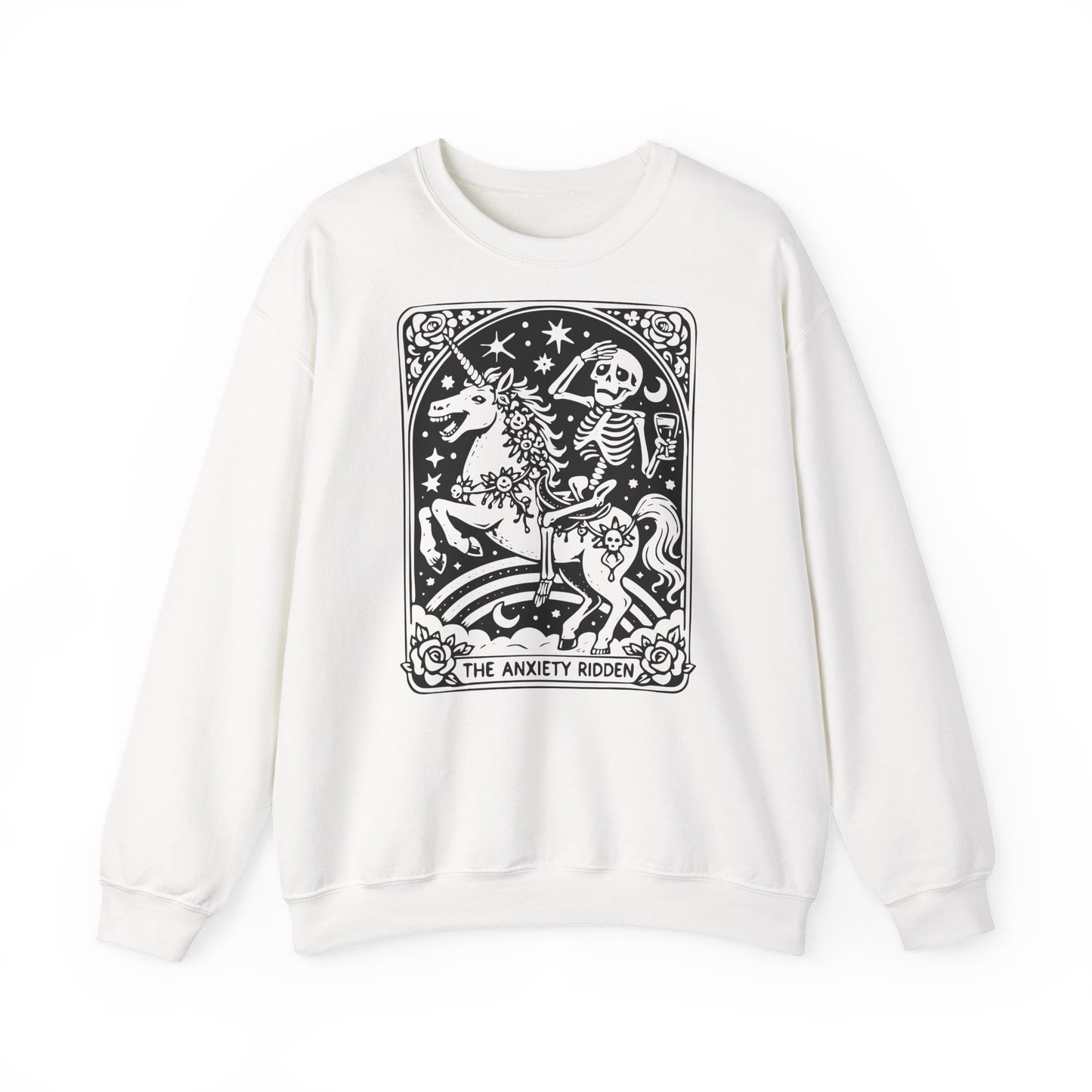 The Anxiety Rider skeleton unicorn sweatshirt | tarot-inspired occult design