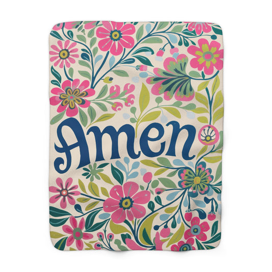 Amen Floral Typography Sherpa Blanket | Floral Scripture Blanket