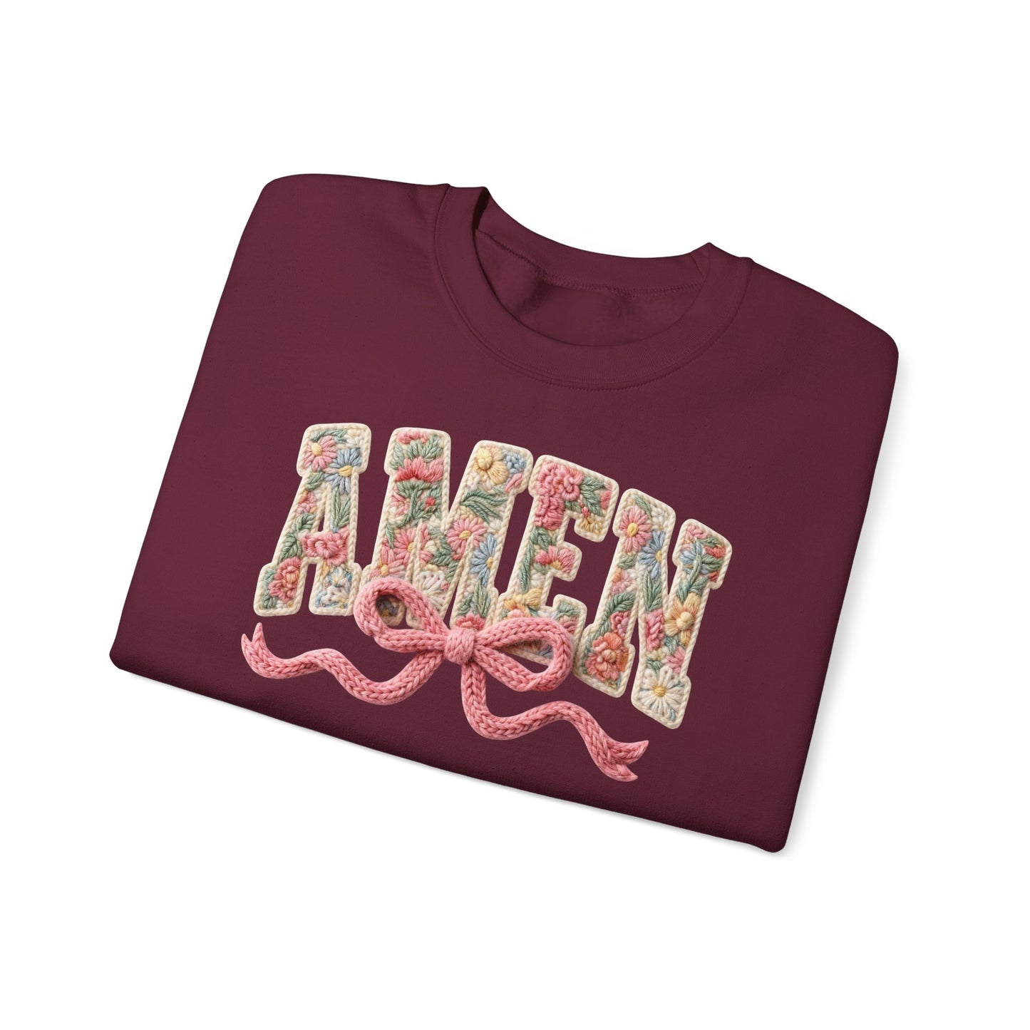 Amen Floral Crewneck Sweatshirt — Vintage Bouquet Lettering with Pink Ribbon