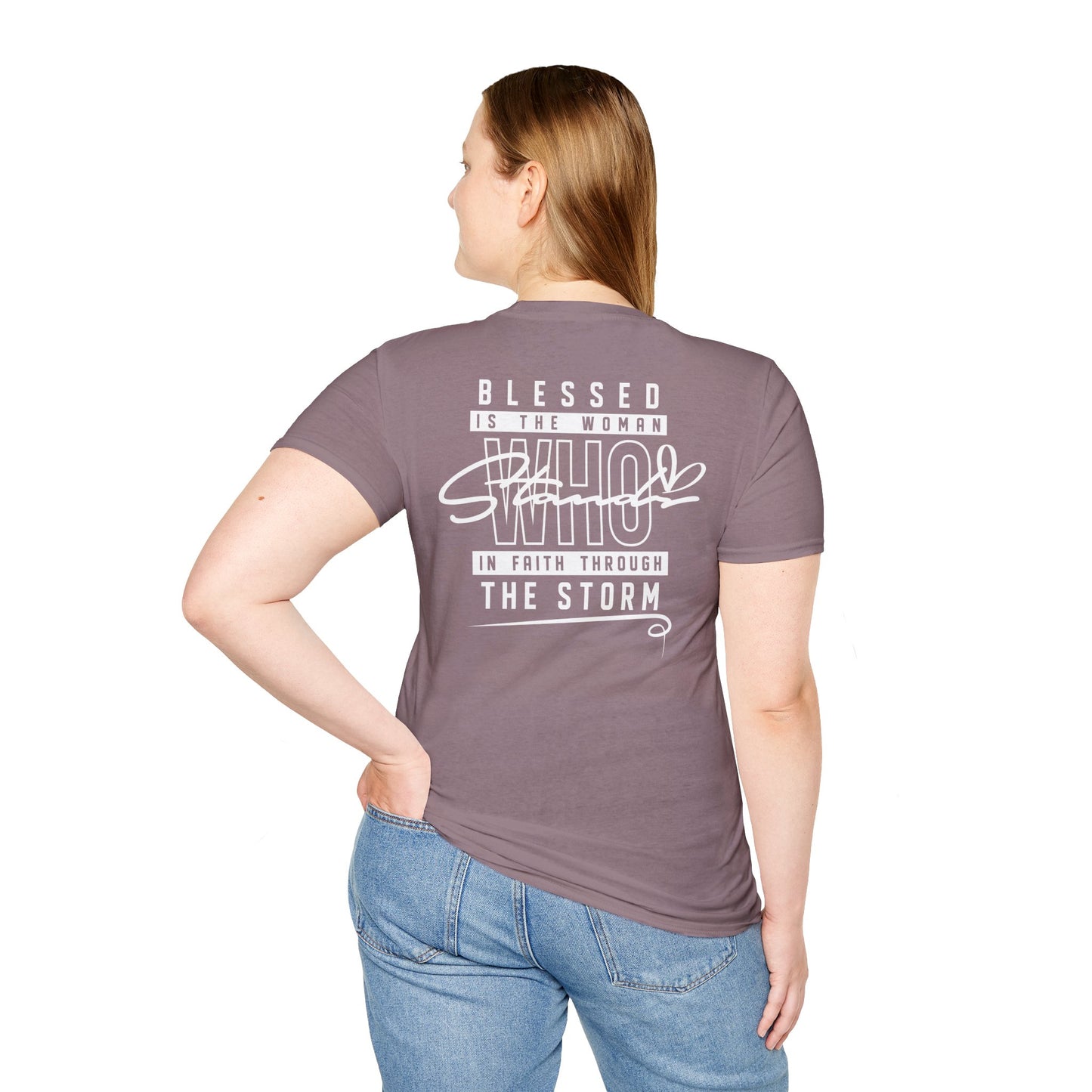 Blessed Through the Storm Christian T-Shirt — Women’s Faith Cross Tee