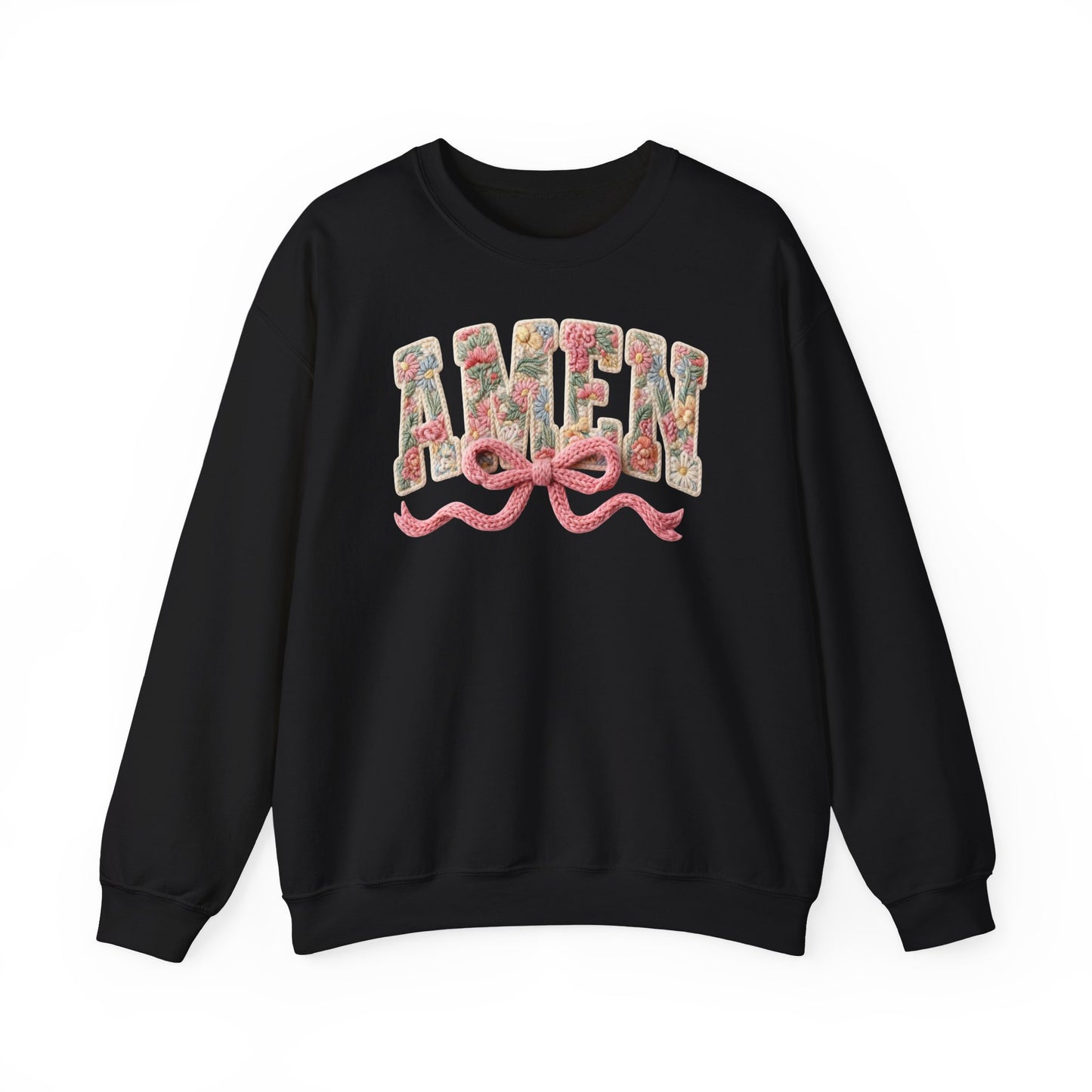 Amen Floral Crewneck Sweatshirt — Vintage Bouquet Lettering with Pink Ribbon