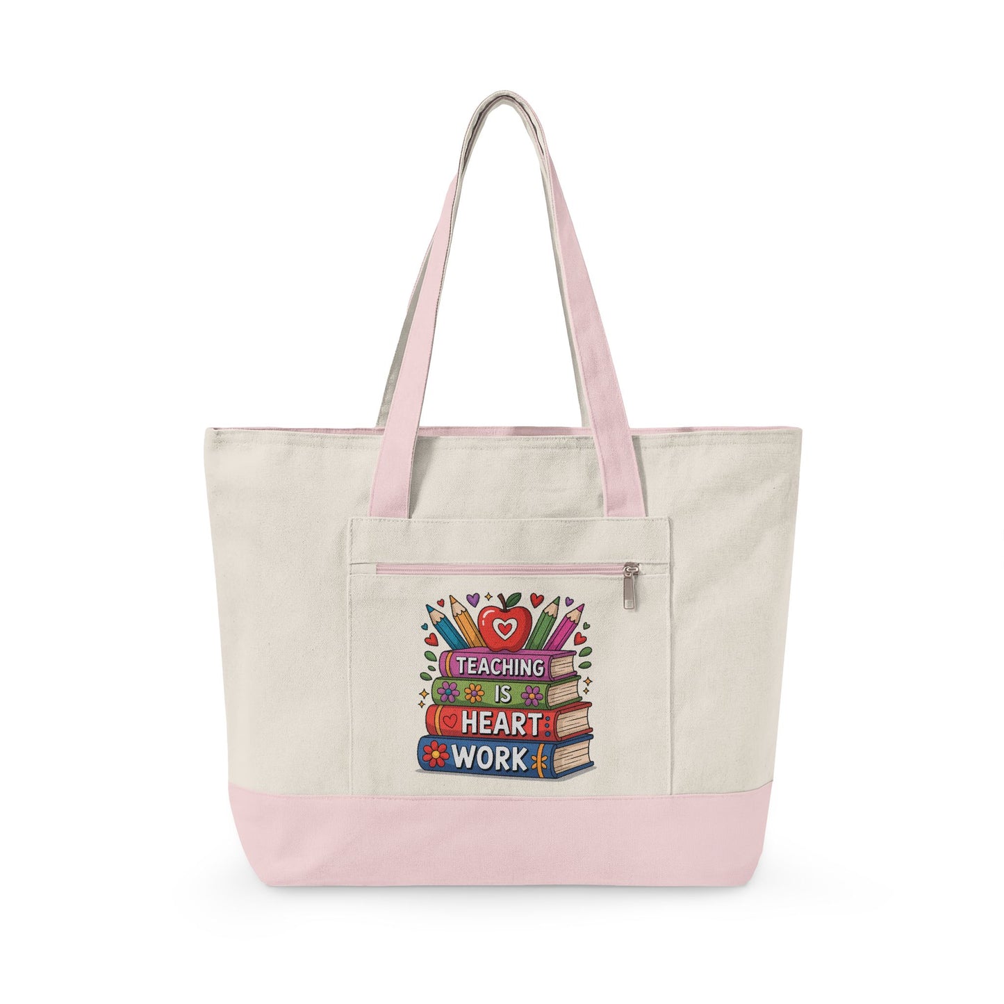 Teaching Is Heart Work tote | Canvas Zippered Tote, Teacher Book Stack Design