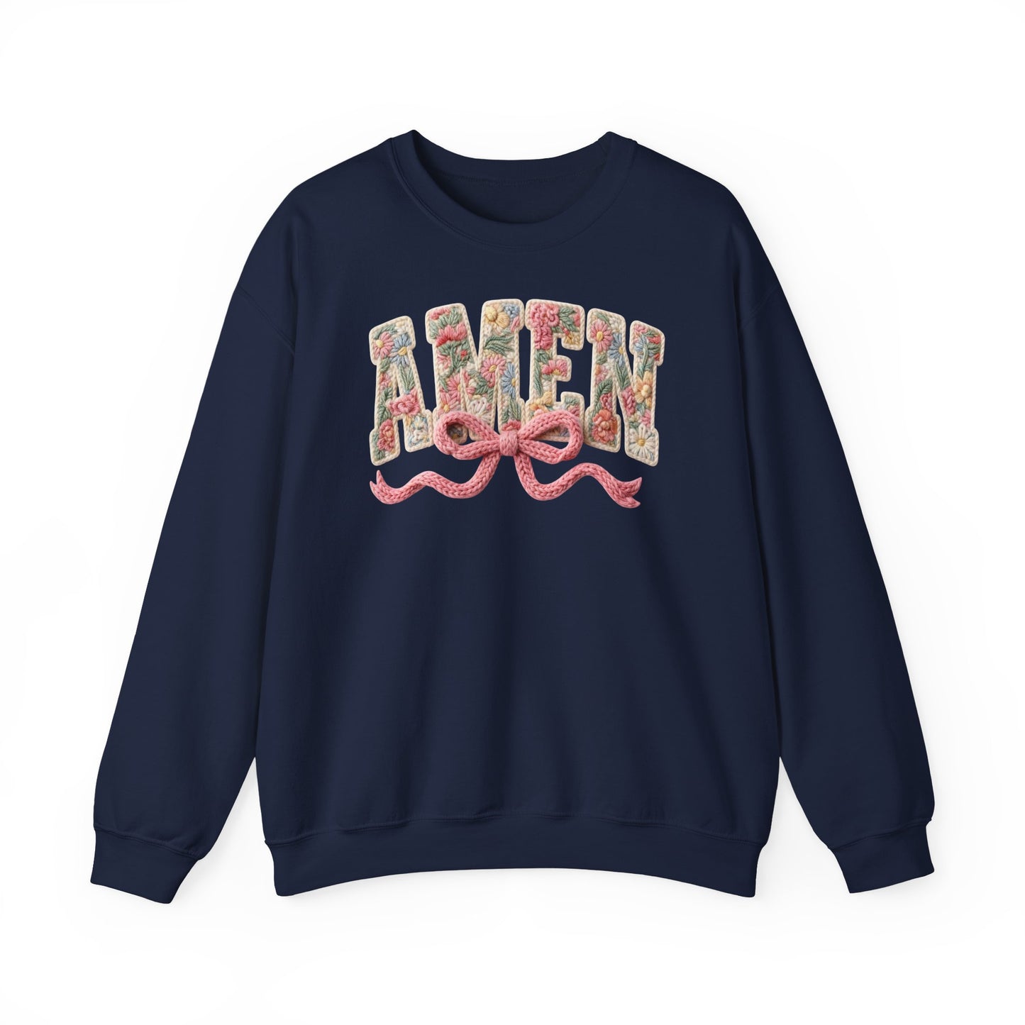 Amen Floral Crewneck Sweatshirt — Vintage Bouquet Lettering with Pink Ribbon