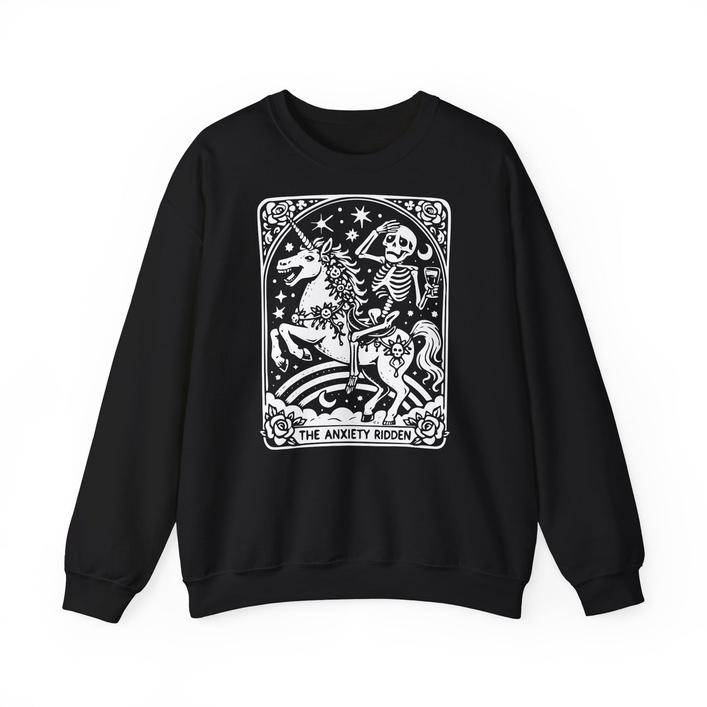 The Anxiety Rider skeleton unicorn sweatshirt | tarot-inspired occult design