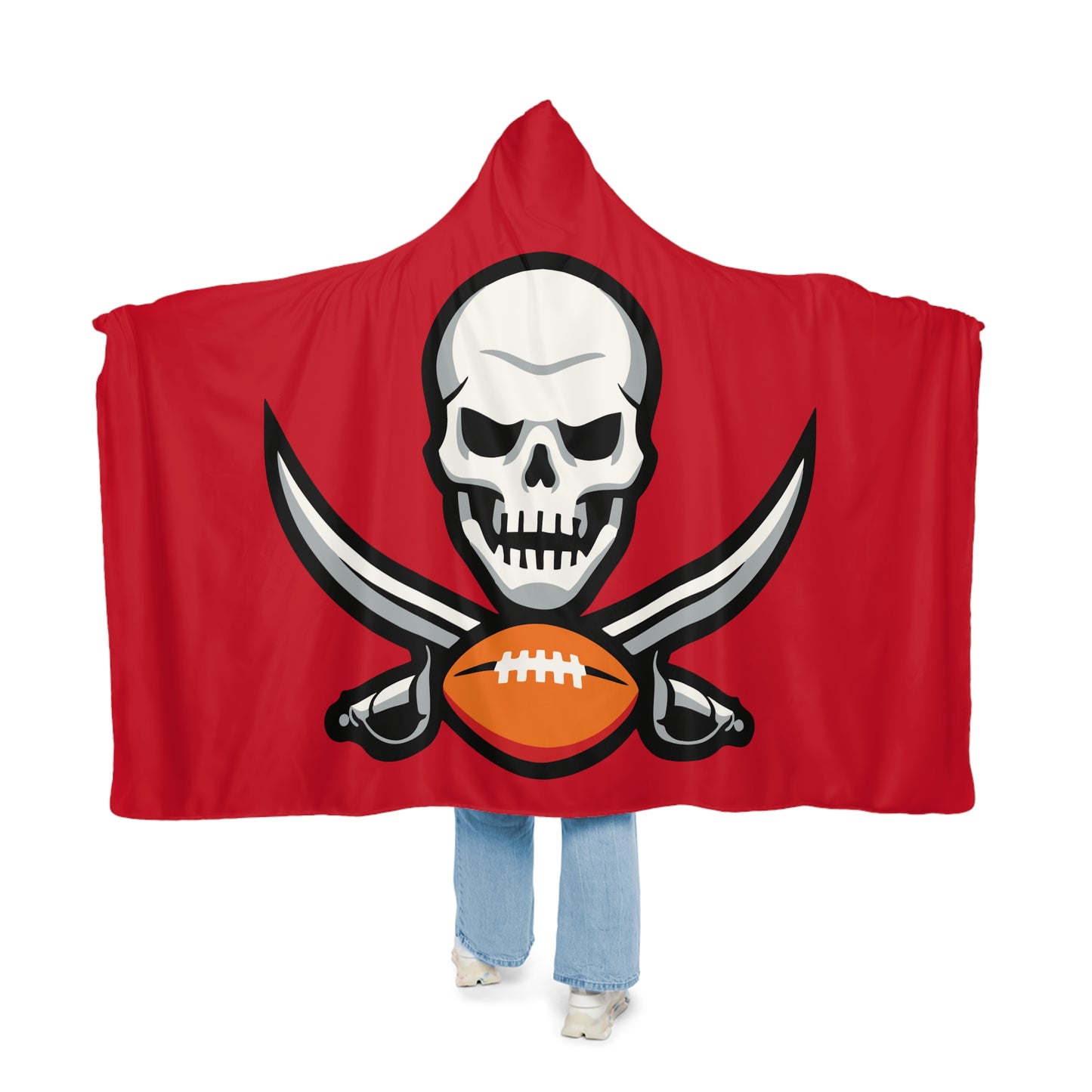 Skull and Crossed Swords with Football Hooded Blanket | Red Snuggle Blanket