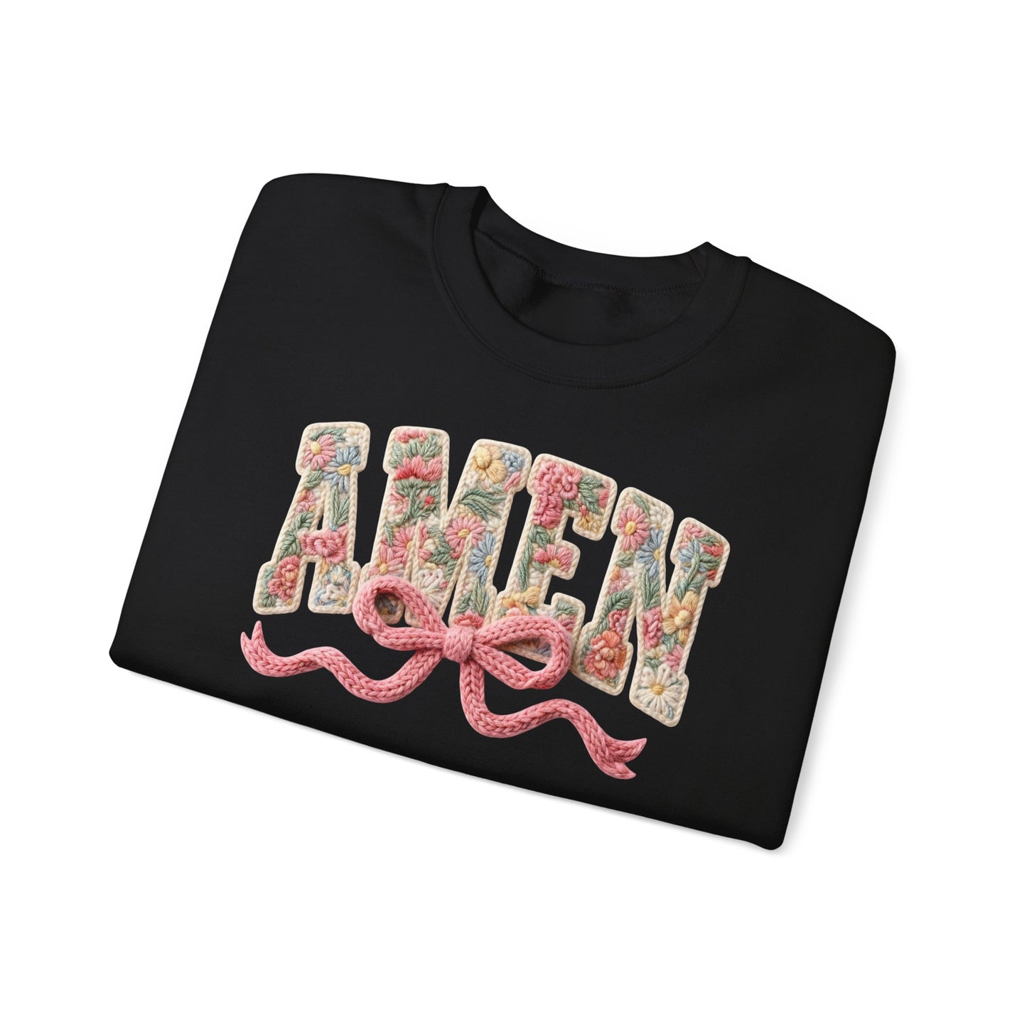 Amen Floral Crewneck Sweatshirt — Vintage Bouquet Lettering with Pink Ribbon