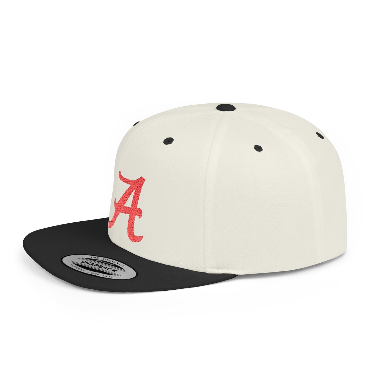 Script Letter A Cap | Flat Bill Snapback, Embroidered Red A on White