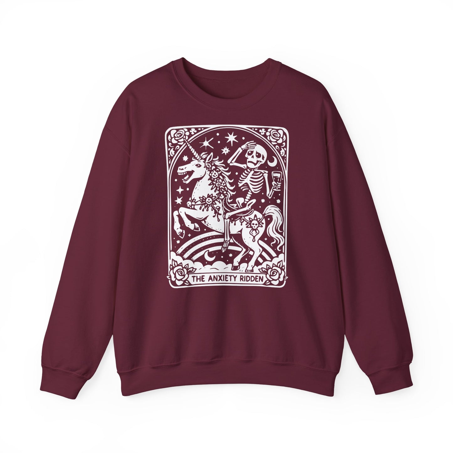 The Anxiety Rider skeleton unicorn sweatshirt | tarot-inspired occult design