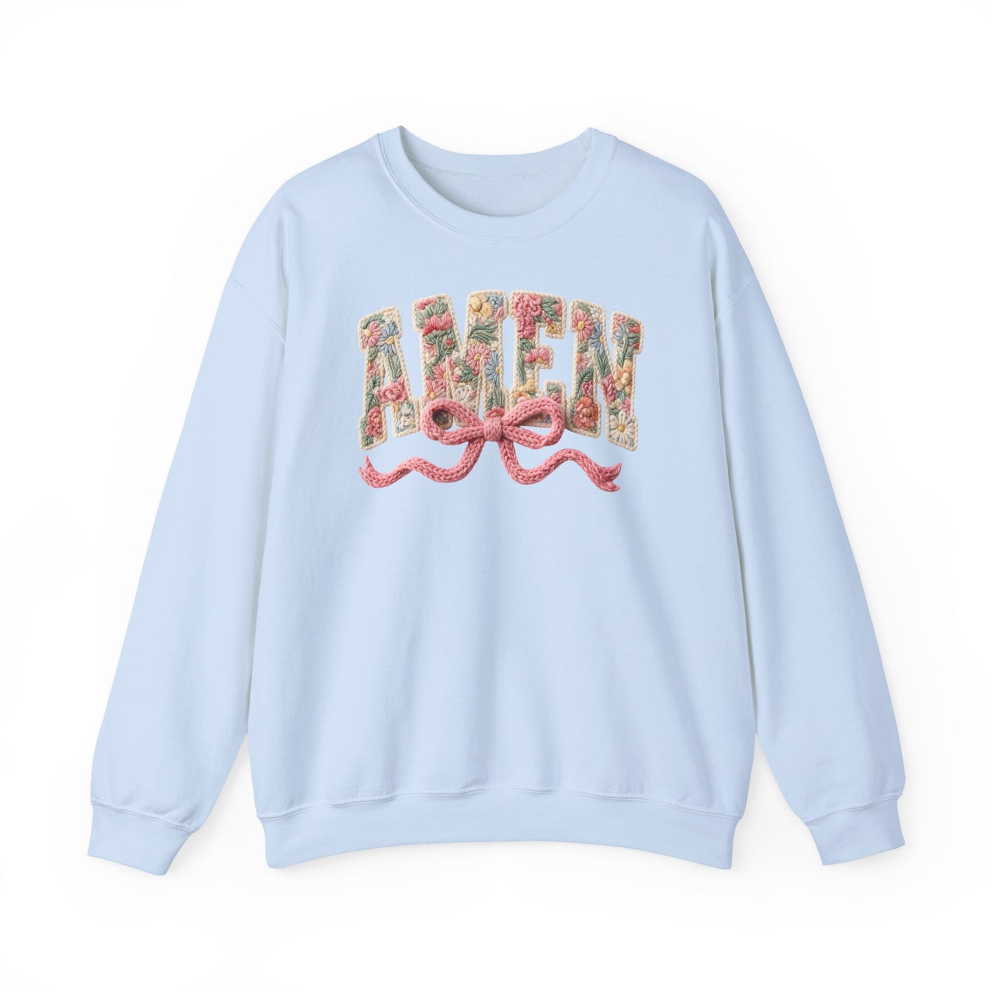Amen Floral Crewneck Sweatshirt — Vintage Bouquet Lettering with Pink Ribbon