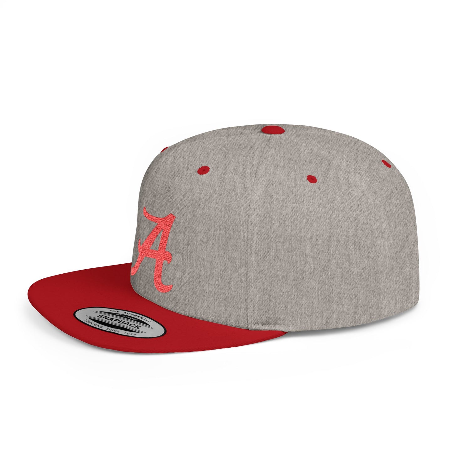 Script Letter A Cap | Flat Bill Snapback, Embroidered Red A on White