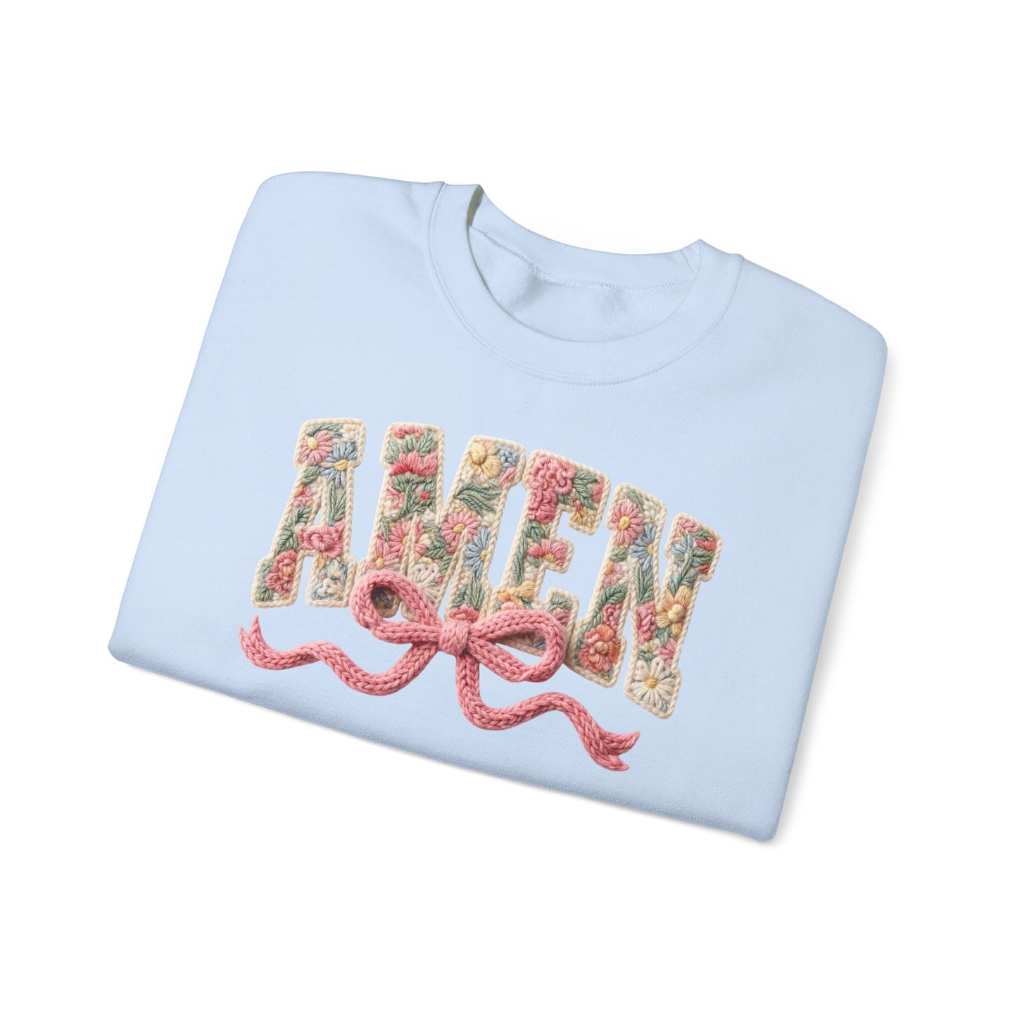 Amen Floral Crewneck Sweatshirt — Vintage Bouquet Lettering with Pink Ribbon