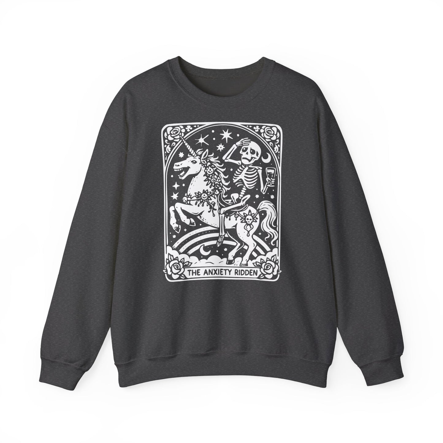 The Anxiety Rider skeleton unicorn sweatshirt | tarot-inspired occult design