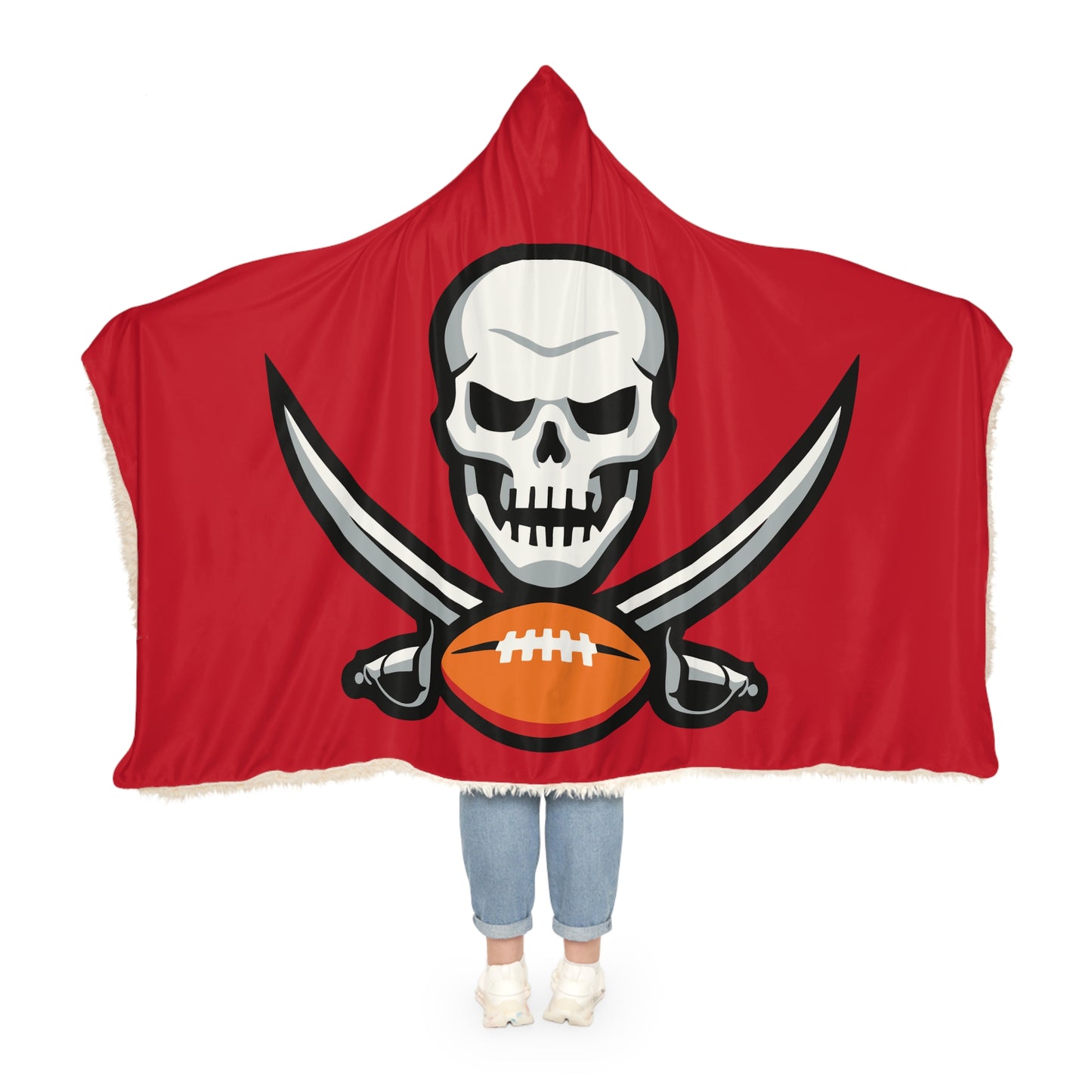 Skull and Crossed Swords with Football Hooded Blanket | Red Snuggle Blanket