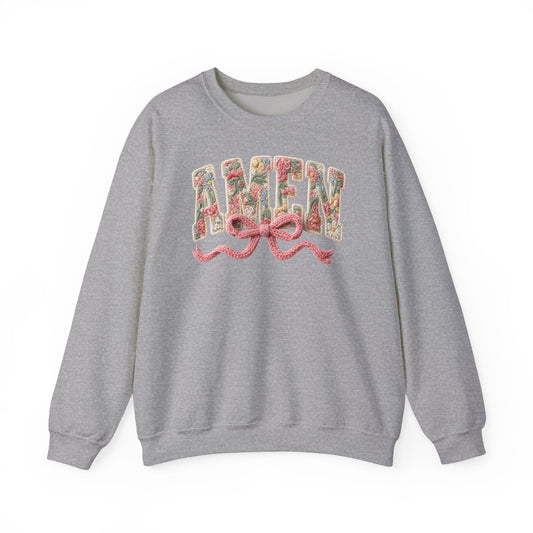 Amen Floral Crewneck Sweatshirt — Vintage Bouquet Lettering with Pink Ribbon