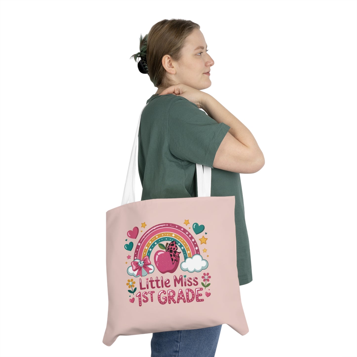 Little Miss 1st Grade Tote Bag | Teachers Rainbow Apple School Shoulder Bag