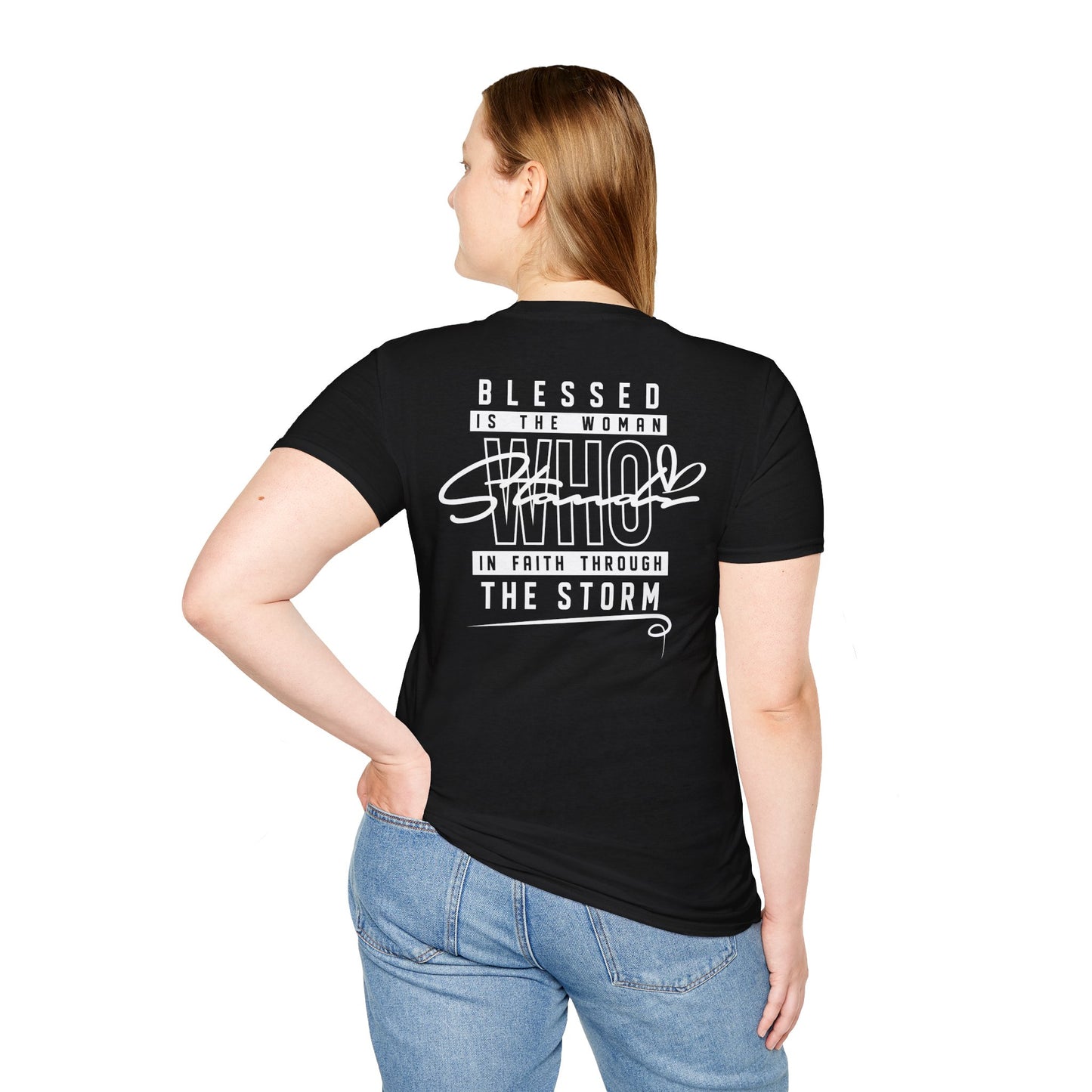 Blessed Through the Storm Christian T-Shirt — Women’s Faith Cross Tee
