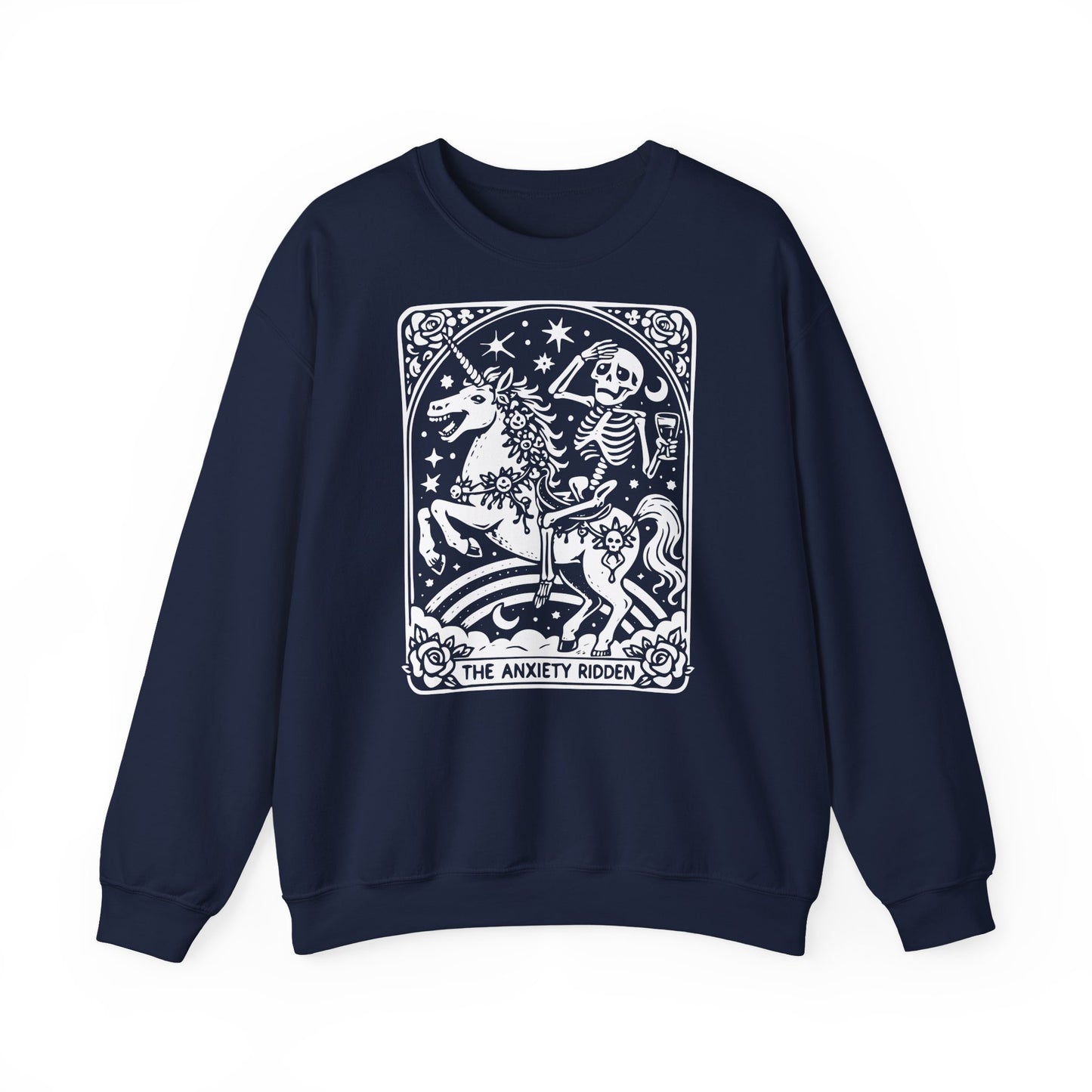 The Anxiety Rider skeleton unicorn sweatshirt | tarot-inspired occult design