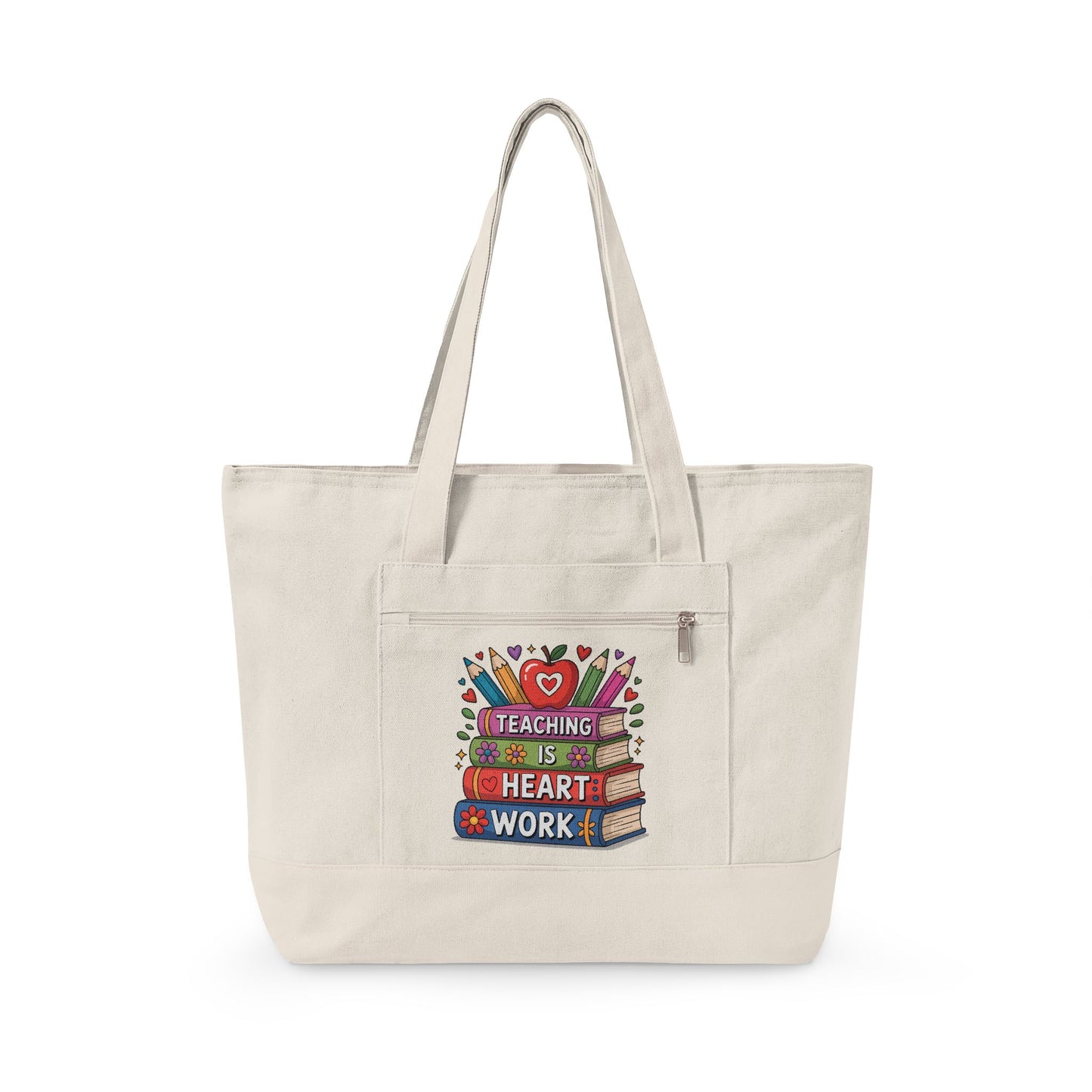 Teaching Is Heart Work tote | Canvas Zippered Tote, Teacher Book Stack Design