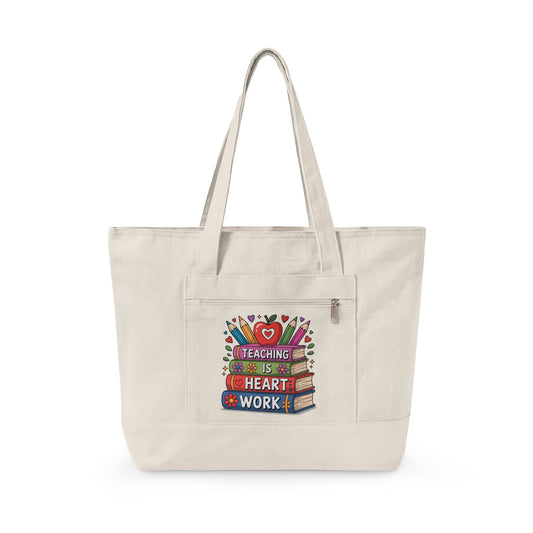 Teaching Is Heart Work tote | Canvas Zippered Tote, Teacher Book Stack Design