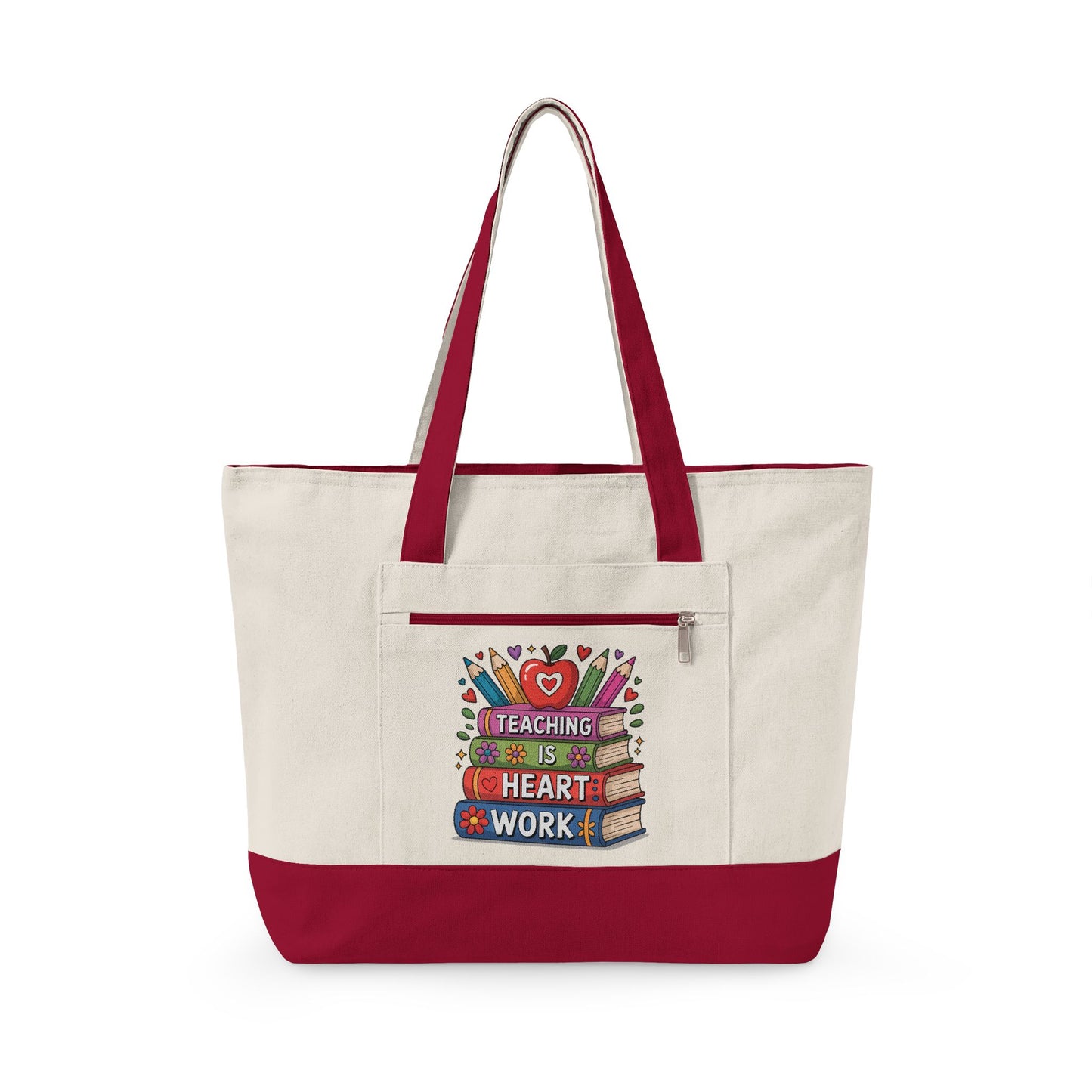 Teaching Is Heart Work tote | Canvas Zippered Tote, Teacher Book Stack Design