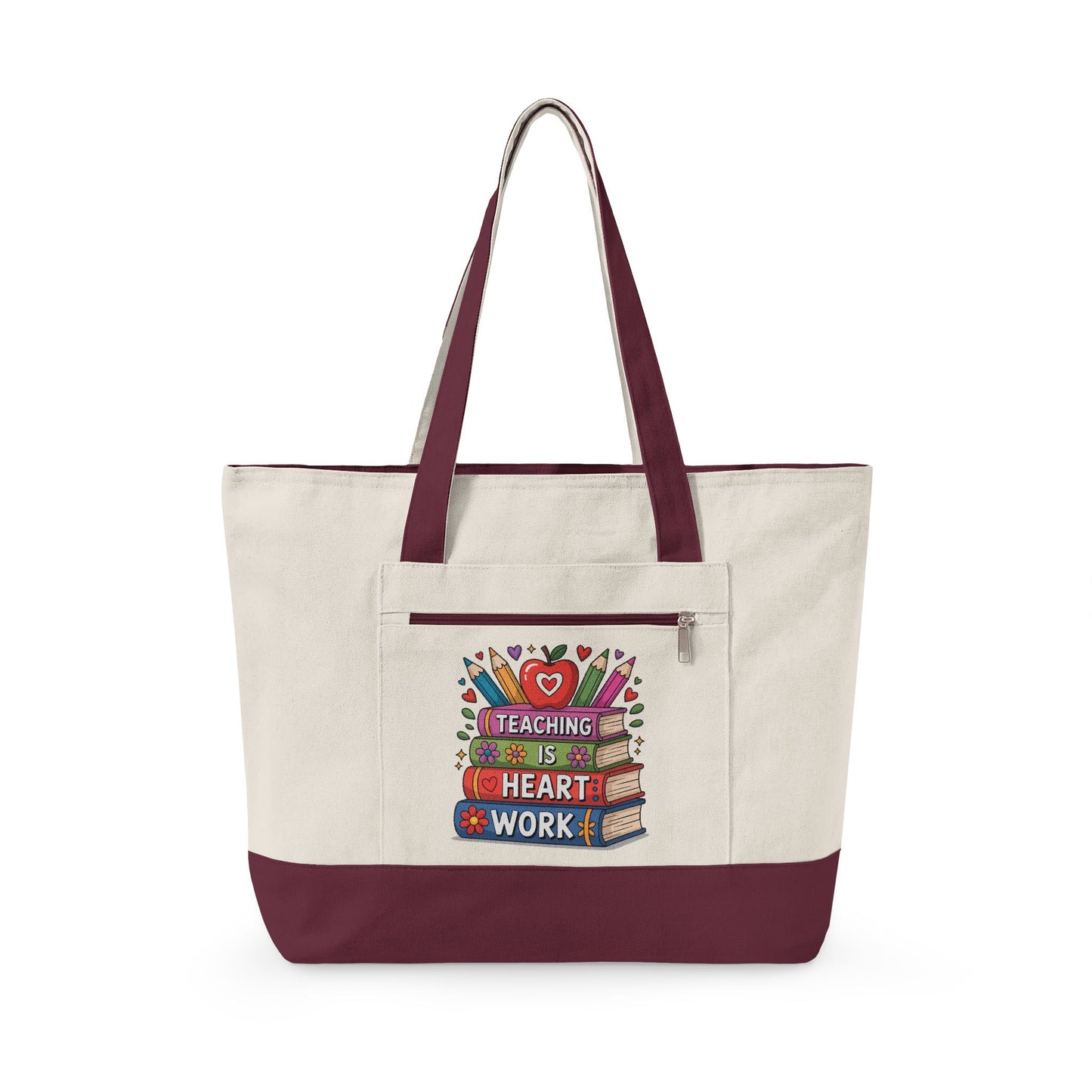 Teaching Is Heart Work tote | Canvas Zippered Tote, Teacher Book Stack Design
