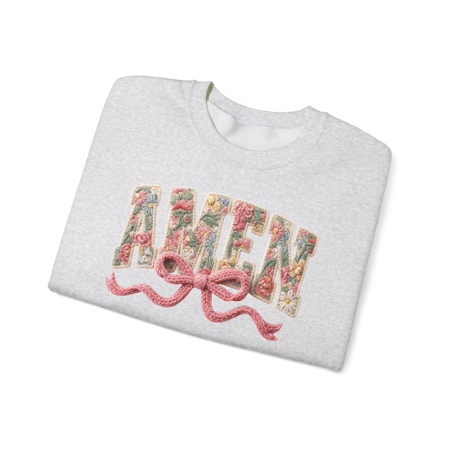 Amen Floral Crewneck Sweatshirt — Vintage Bouquet Lettering with Pink Ribbon