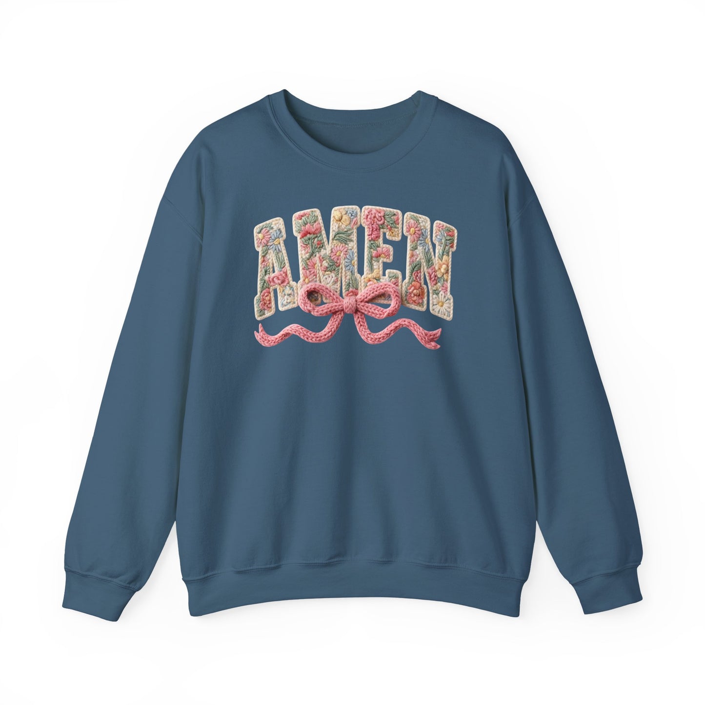 Amen Floral Crewneck Sweatshirt — Vintage Bouquet Lettering with Pink Ribbon