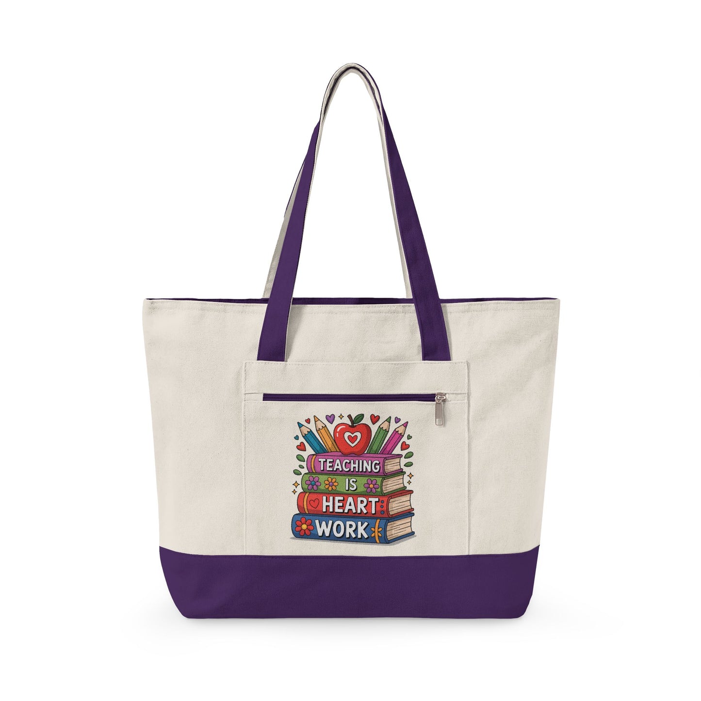Teaching Is Heart Work tote | Canvas Zippered Tote, Teacher Book Stack Design