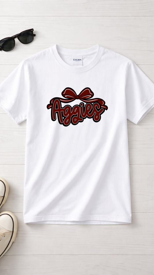 Aggies Script Logo T-Shirt | Bow Graphic, Collegiate Spirit