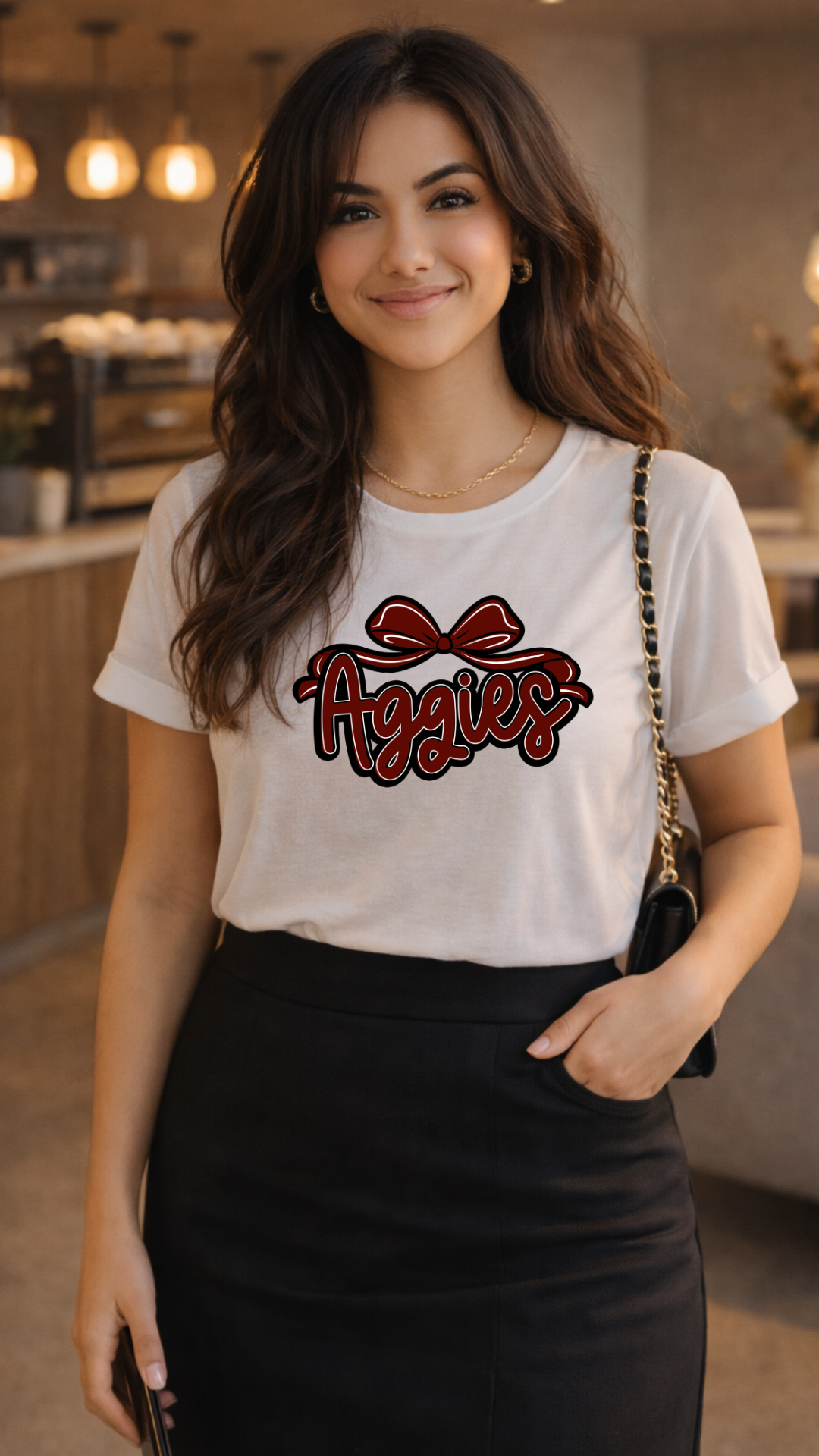 Aggies Script Logo T-Shirt | Bow Graphic, Collegiate Spirit