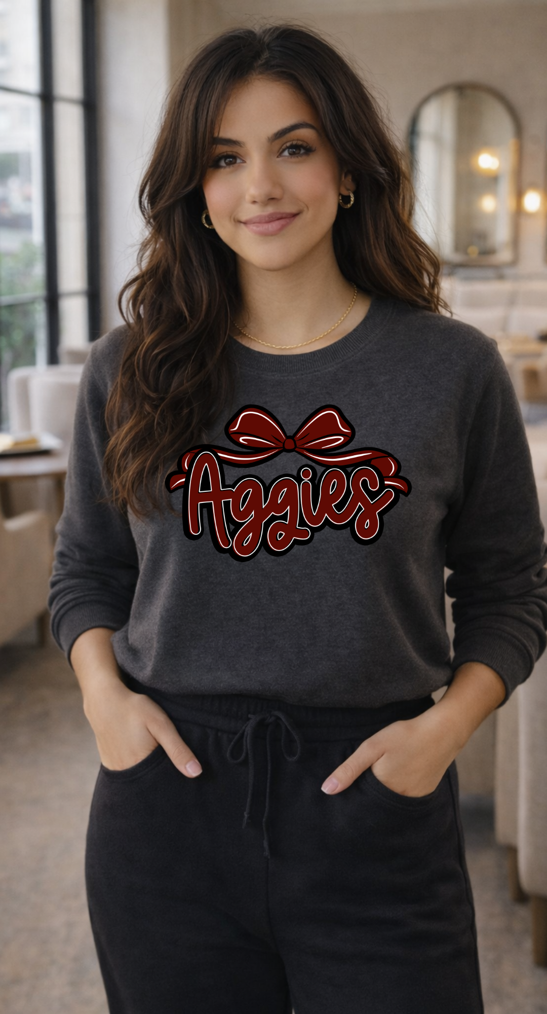 Aggies script with bow Sweatshirt | College team logo, maroon and black