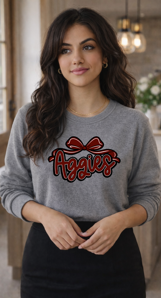 Aggies script with bow Sweatshirt | College team logo, maroon and black
