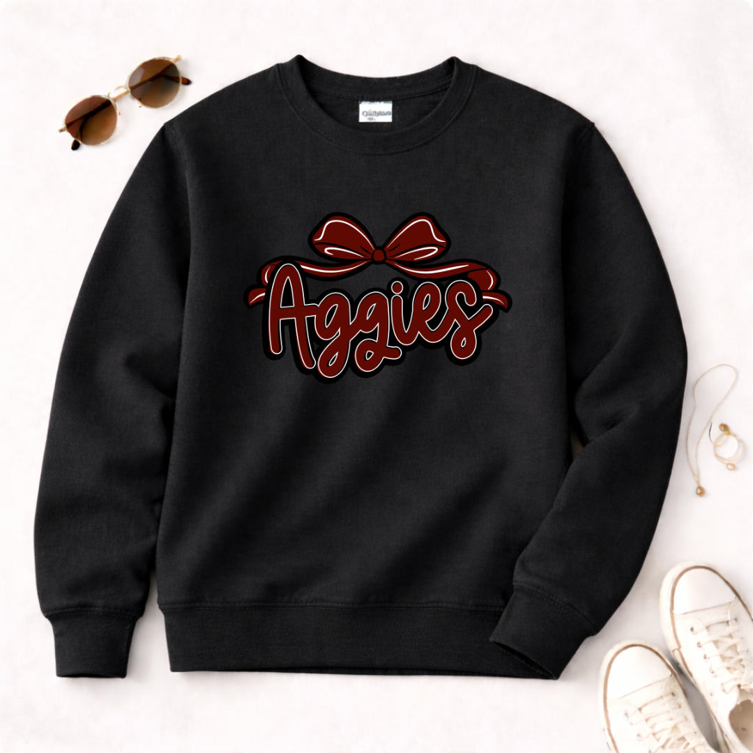 Aggies script with bow Sweatshirt | College team logo, maroon and black