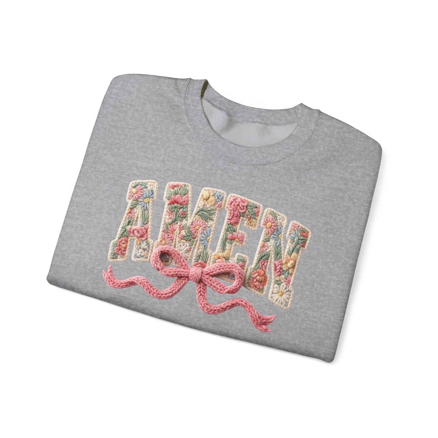 Amen Floral Crewneck Sweatshirt — Vintage Bouquet Lettering with Pink Ribbon