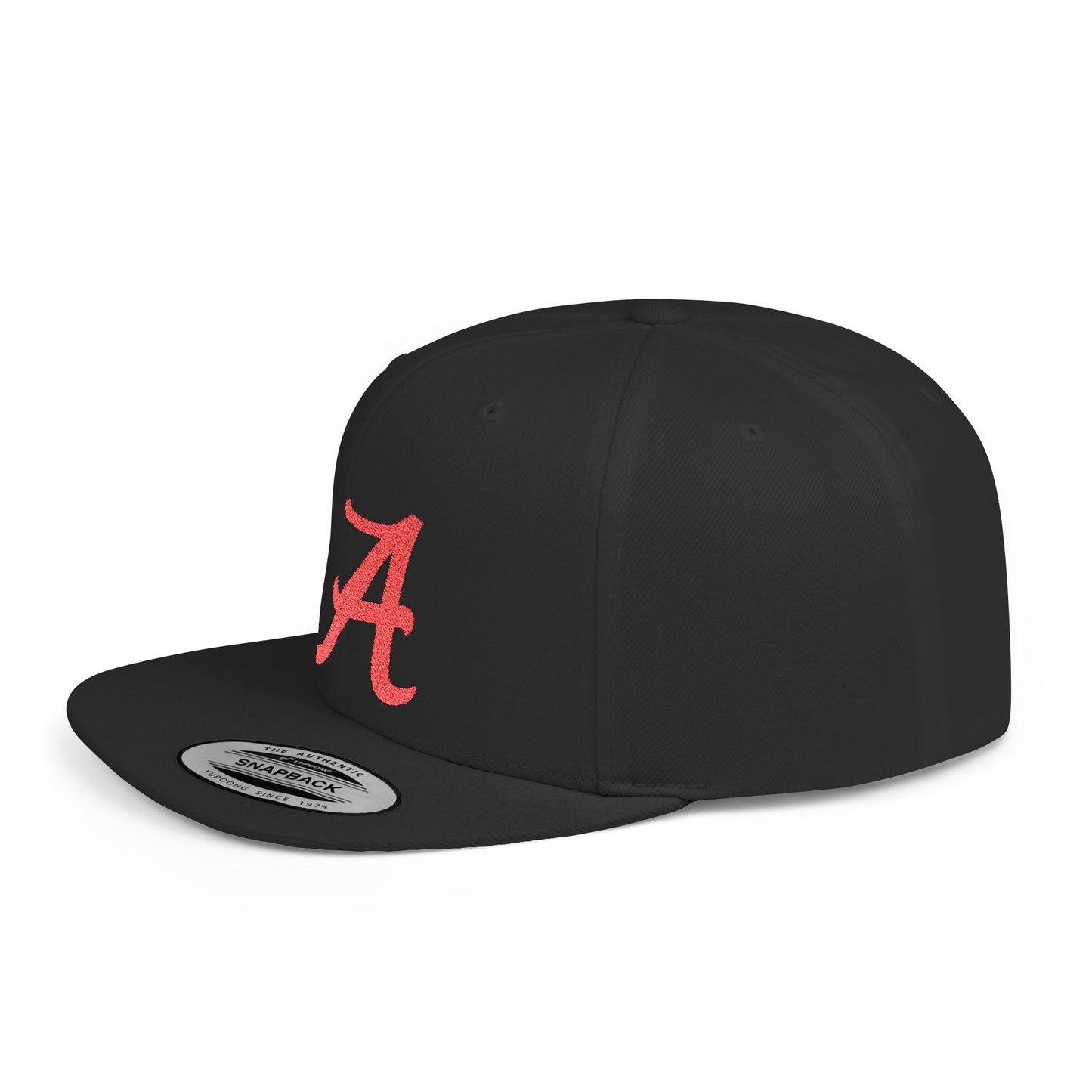 Script Letter A Cap | Flat Bill Snapback, Embroidered Red A on White