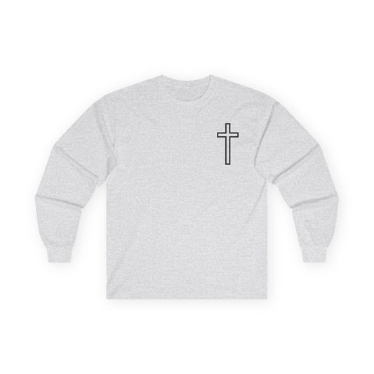 Christian Cross Long Sleeve Tee — "Blessed Is The Woman Who Stays In Faith Through The Storm"