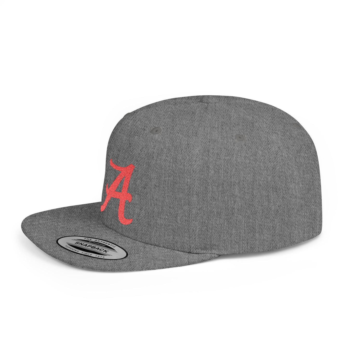 Script Letter A Cap | Flat Bill Snapback, Embroidered Red A on White