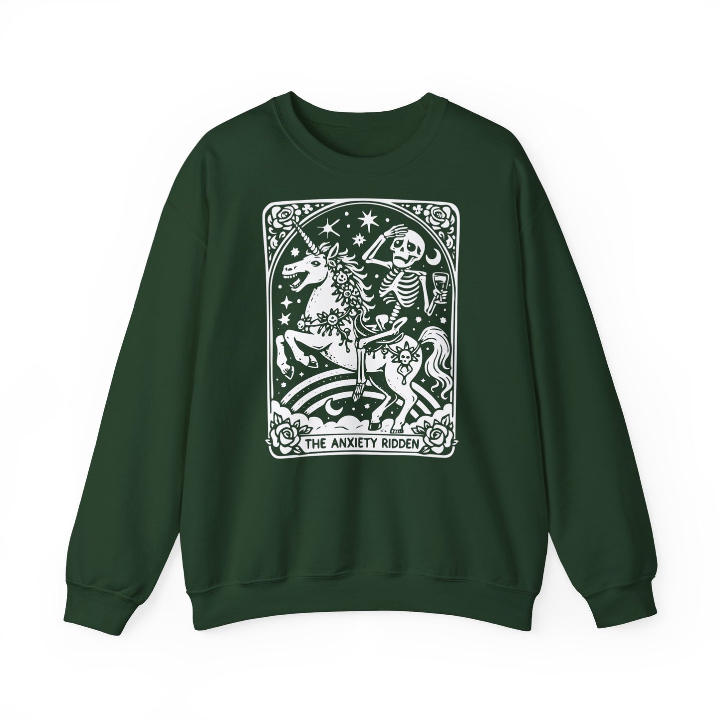 The Anxiety Rider skeleton unicorn sweatshirt | tarot-inspired occult design