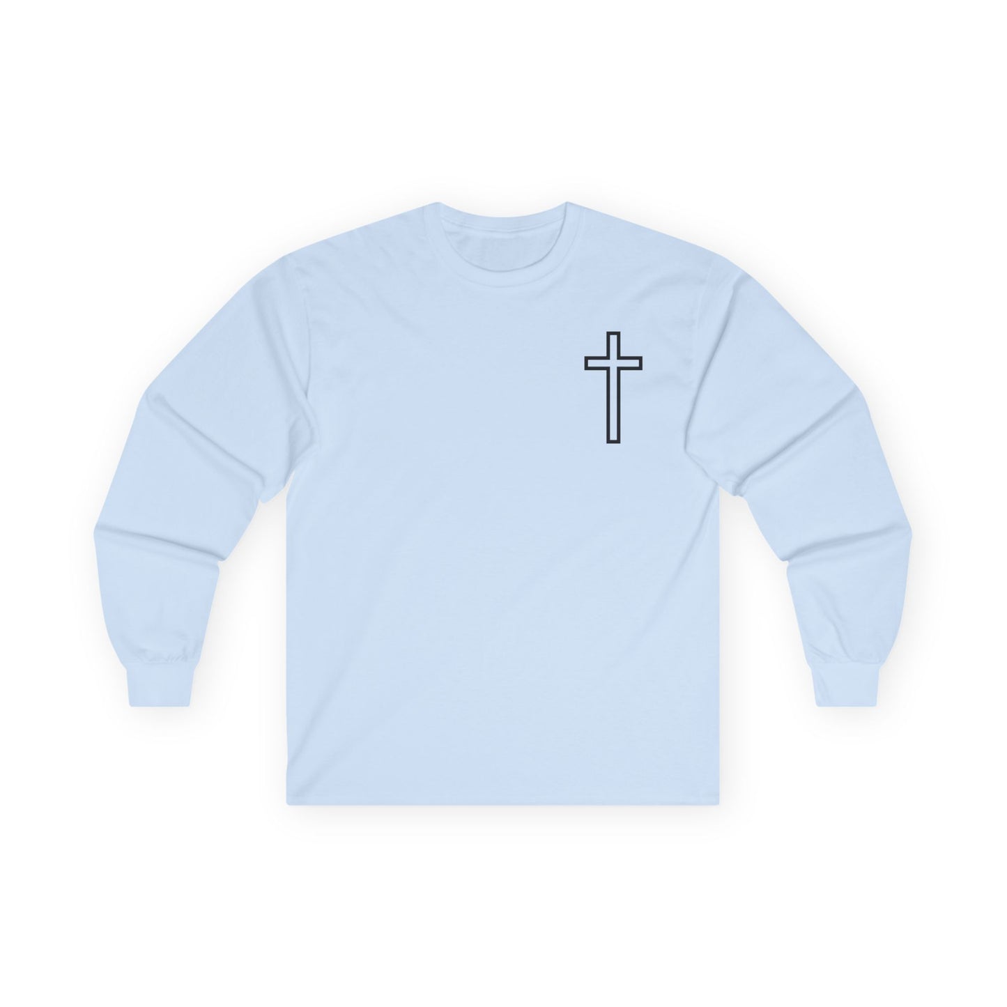 Christian Cross Long Sleeve Tee — "Blessed Is The Woman Who Stays In Faith Through The Storm"
