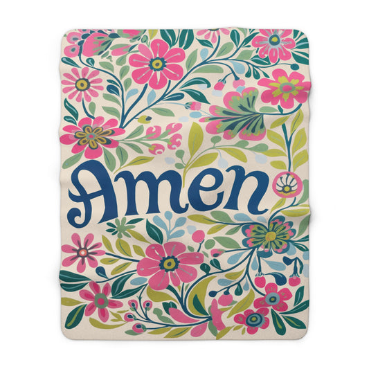 Amen Floral Typography Sherpa Blanket | Floral Scripture Blanket