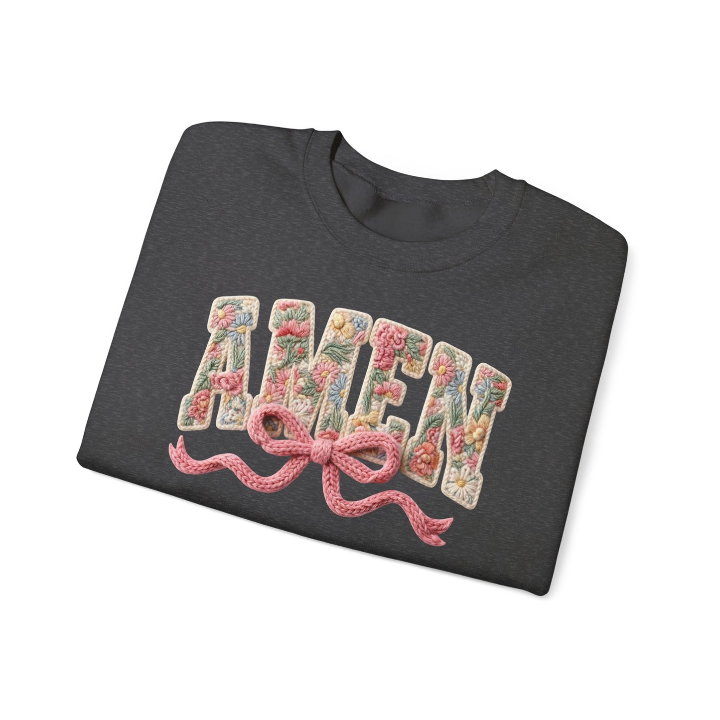 Amen Floral Crewneck Sweatshirt — Vintage Bouquet Lettering with Pink Ribbon