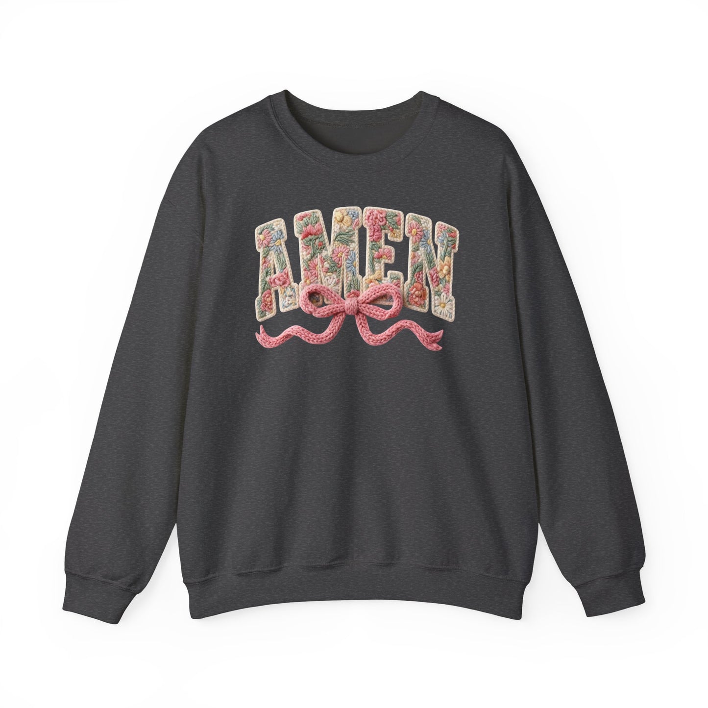 Amen Floral Crewneck Sweatshirt — Vintage Bouquet Lettering with Pink Ribbon