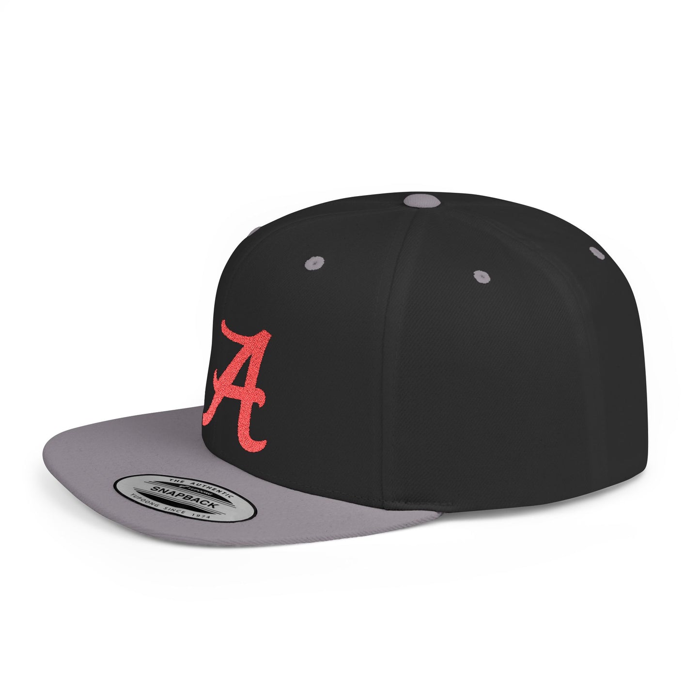 Script Letter A Cap | Flat Bill Snapback, Embroidered Red A on White