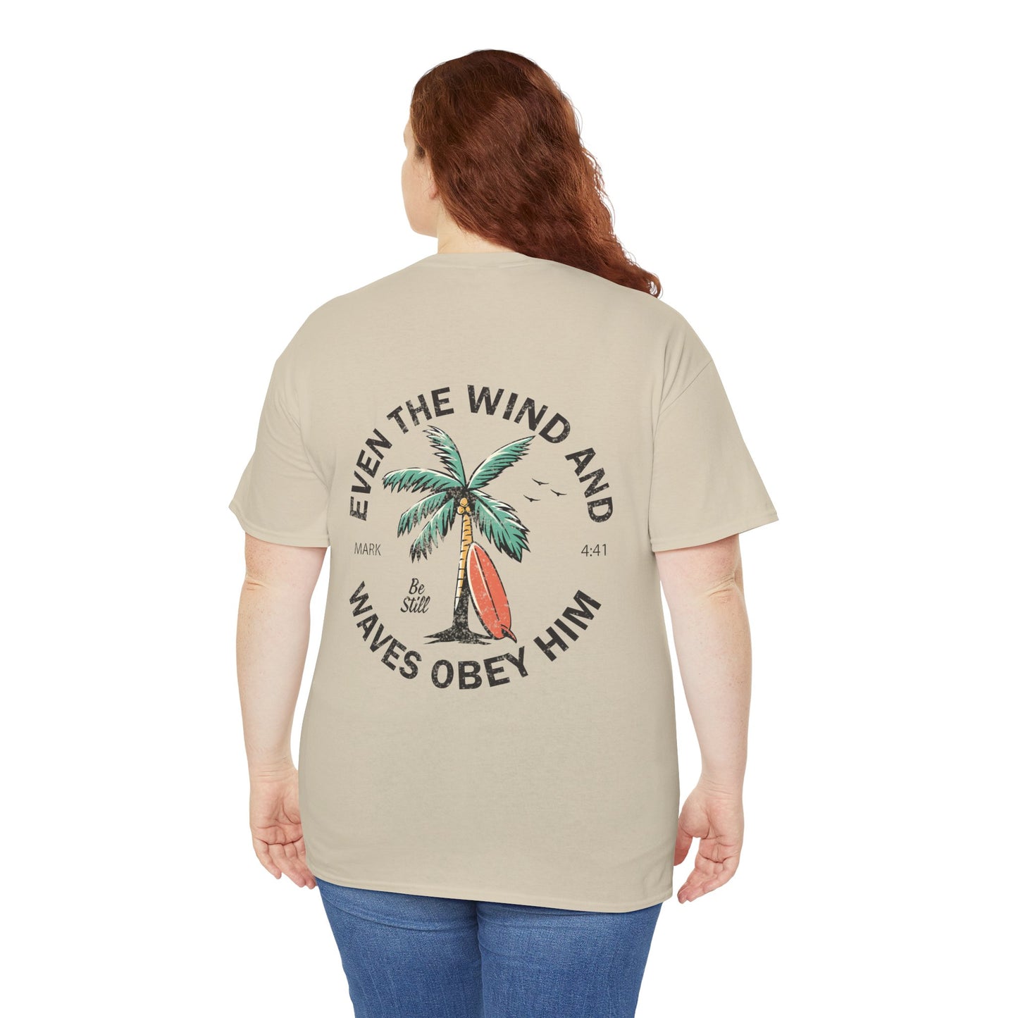 T-Shirt — "Even the Wind and Waves Obey Him" Palm Tree Surf Christian Tee