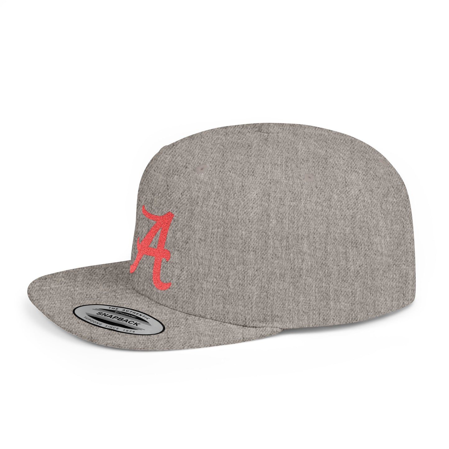 Script Letter A Cap | Flat Bill Snapback, Embroidered Red A on White