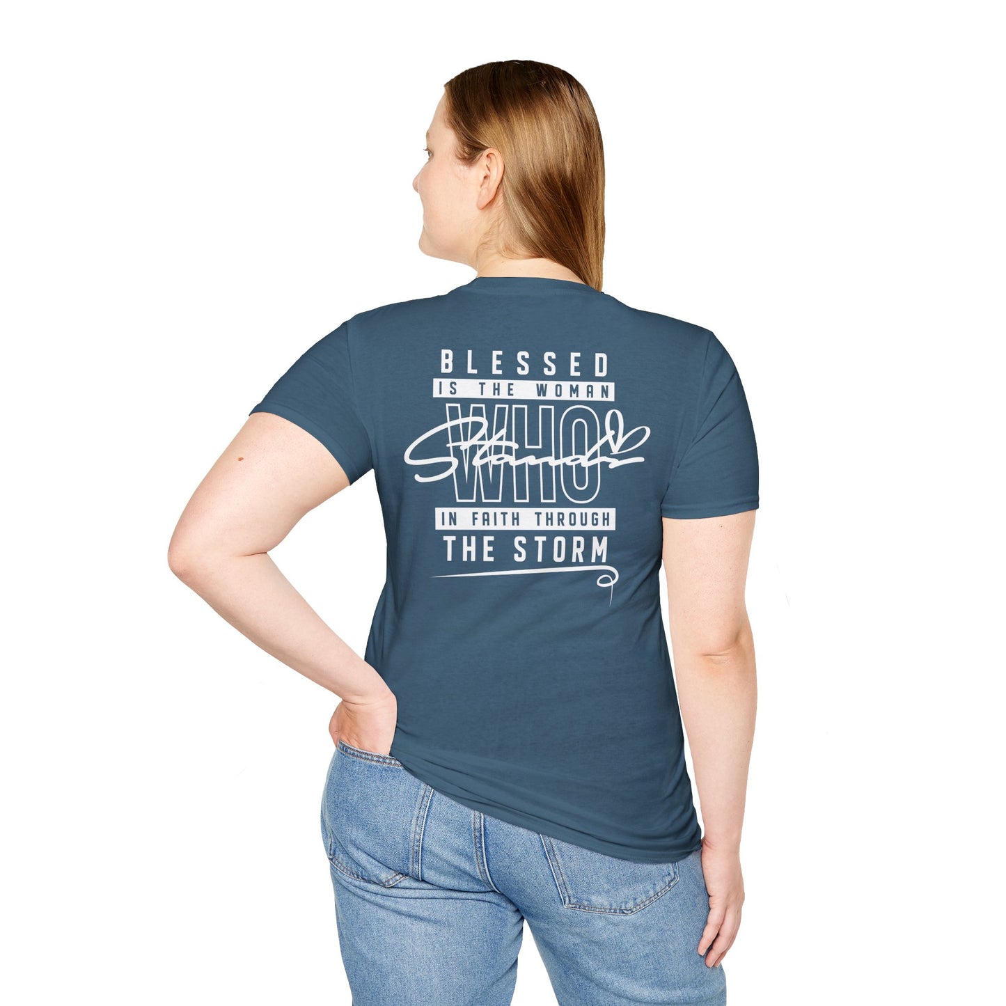 Blessed Through the Storm Christian T-Shirt — Women’s Faith Cross Tee