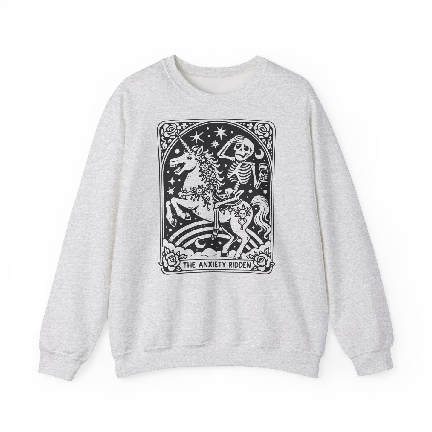 The Anxiety Rider skeleton unicorn sweatshirt | tarot-inspired occult design